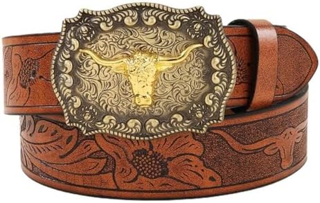 ARROMI Cowboy Belt - Brown Mens Belt with Engraved Floral Bull Head Buckle