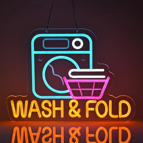 JOMOBUTY Wash & Fold Neon Sign for Laundry Room Wall Decor LED Light up Sign Business Signage for Home Laundromat Wash Room Decor Gift 16.1' x 11.8' Led Art Wall Hanging Decorative Lights