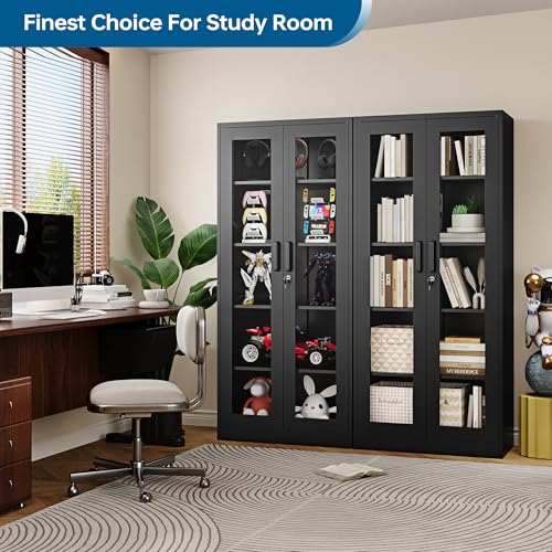 Display Storage Cabinet with Glass Door, 71 Inches Metal Curio Cabinet with 4 Adjustable Shelves, Locking Glass Display Case for Home, Office, Clinic, Pantry, Assemble Required (Black)
