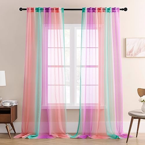 Image of XiDi Purple Green and Pink Sheer Curtains for Girls Bedroom Room Decor,2 Panels Rod Pocket Drapes Ombre Window Pastel Curtains for Decoration Party 84 Inch Length