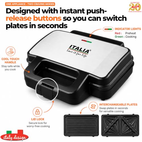 Image of ITALIA 2-in-1 1000W Sandwich And Grill Maker | Interchangeable Quick-Release Non-Stick Plates for Easy Clean | Deep Fill Toastie Press, Panini, Waffle Iron | 1 Year Warranty