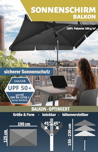 Menz Sonnenschirm Balkon - 3-IN-1 SET - UV50+ Sonnenschirm rechteckig 200x125 cm + Sonnenschirmhalter Balkongeländer + Sonnenschirmhülle - Sonnenschutz Balkon, Anthrazit 4