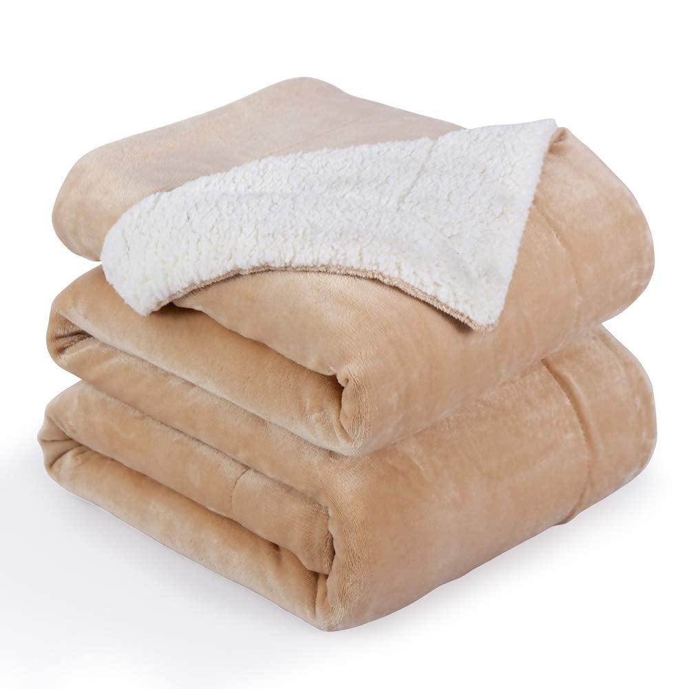 NANPIPER Bed Blanket Reversible Sherpa Flannel Blanket Super Soft Fuzzy Plush Fleece Microfiber (90"x90" Beige) Queen