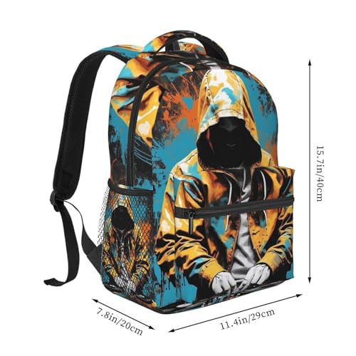 Graffiti Dj Hooded Man Backpack Lightweight Daypack Laptop Bag Pockets Stylish Shoulders Backpack2
