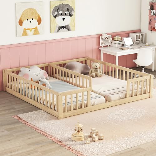 DNYN Twin Size Double Montessori Floor Bed for Boys and Girls Bedroom,Solid Wood Bedframe w/Fence Design,Easy Assemble & Super Save Space & No Box Spring Needed, Natural