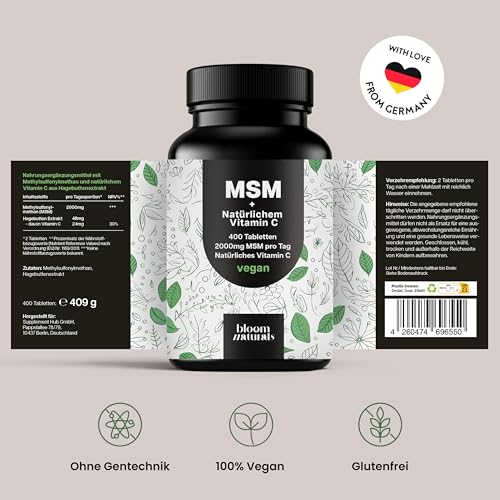 MSM Tabletten Hochdosiert - 400 Stück - 2000 mg MSM + Natürliches Vitamin C - Alternative zu Kapseln - Vegan & Produziert in Deutschland - Laborgeprüft - Verpackung kann variieren
