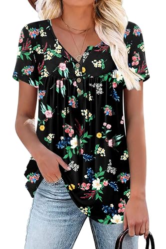 POPYOUNG Women’s 2024 Spring Short Sleeve Henley Shirts Button Down Summer Tunic Tops Casual Blouse T-Shirts