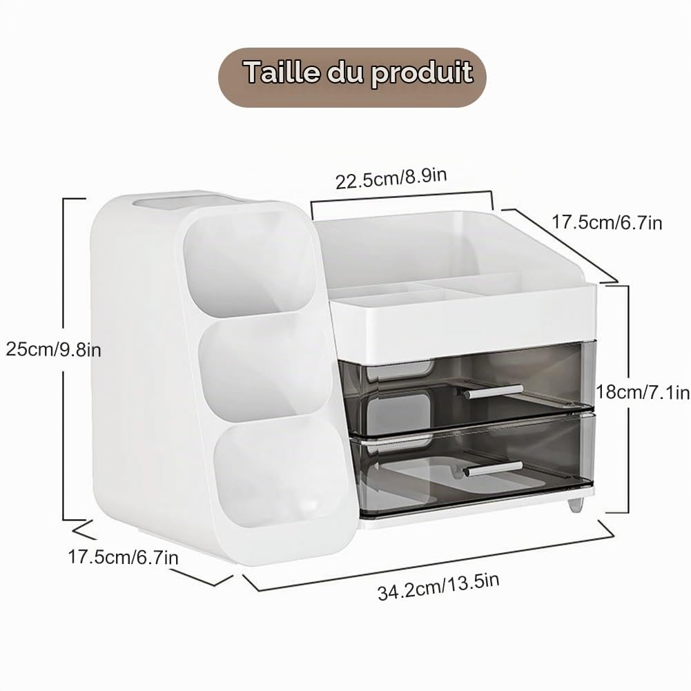 Organisateur cosmétique avec 3 tiroirs, grand rangement et portable, boîte de rangement pour le bureau, les voyages et la salle de bain, idéal pour les amateurs de maquillage et les