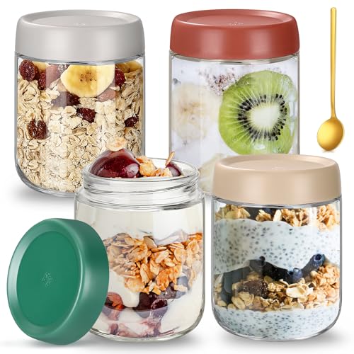 Luxoraiova 4 pezzi Barattolo in vetro con coperchio ermetico 450 ml, contenitori in vetro per alimenti con cucchiaio in acciaio inox, vaso ermetico per cucina, overnight oats jar e meal prep Luxoraiova 4 pezzi Barattolo in vetro con coperchio ermetico 450 ml, contenitori in vetro per alimenti con cucchiaio in acciaio inox, vaso ermetico per cucina, overnight oats jar e meal prep