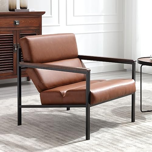 ROCITY Brown Leather Accent Chair Modern Side Chair with Metal