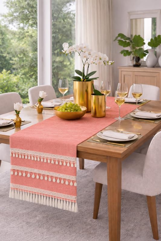 WWW.THROWPILLOW.IN Peach Table Runner with Tassels & Kowri 13x108 Inch |Fits 8 Feet TV Unit Cabinet, Center Table, Coffee Table, Dining Table, Entry Console|Living Room Diwali Decor 2