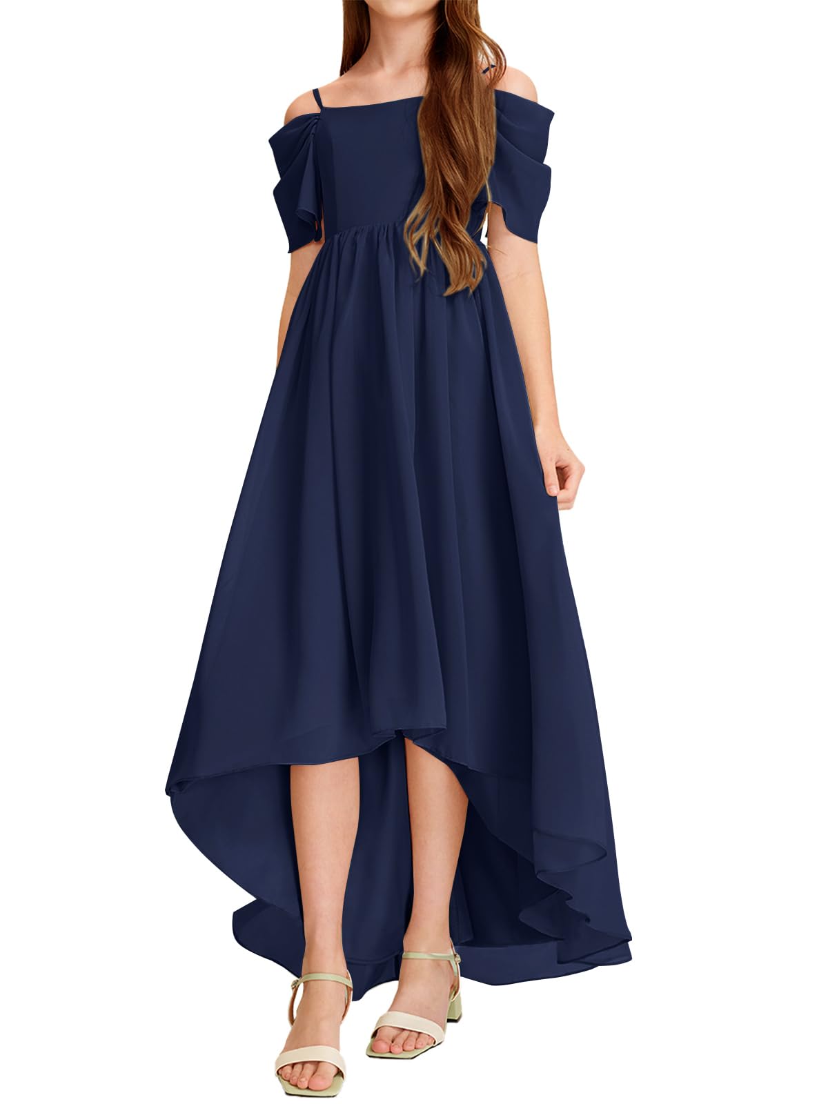 Haloumoning Robe d'été pour fille, épaules dénudées, volants, ligne A, couleur unie, élégante, robe de fête, mariage, anniversaire