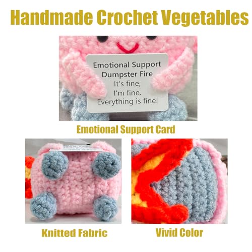 Image of RovyFota Emotional Support Crochet Dumpster Fire with Positive Card Cute Room Decor Knitted Toys Funny Crochet Support Buddies Gifts for Friends (Green&Pink&Red)