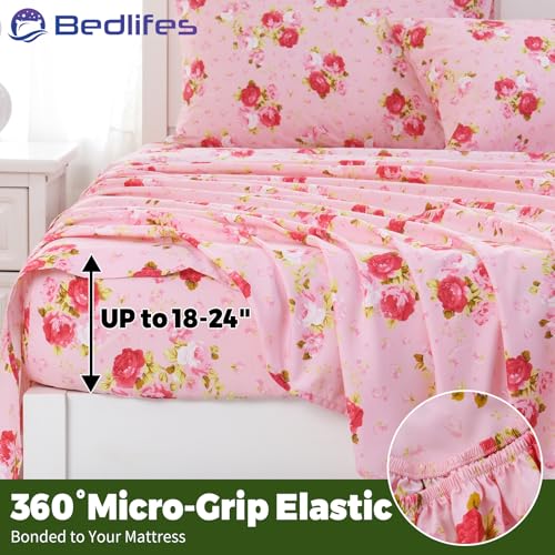 Image of Bedlifes Extra Deep Pocket 18-24 inch Queen 4-Piece Sheet Set - Cooling Sheets Blend Rayon Derived from Bamboo Soft & Breathable,Featuring Pink Floral Red Rose