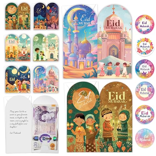 Giftinghouse Eid Money Envelopes 6/12/24 Pack with Stickers - Happy Eid Mubarak Money Envelopes Featuring 6 Unique Designs Perfect Eid Money Wallets for Kids - Made in The UK