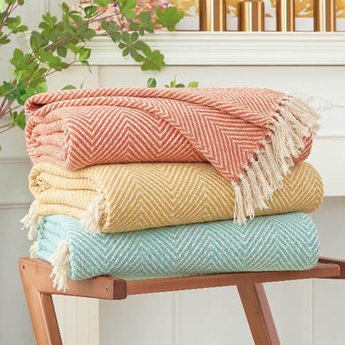 Image of SAJAVAT HOME Hand-Knitted Cotton Sofa Throw | Light Red Tassel Design for 3 & 5 Seater Sofa, Couch & Bed | Soft Lightweight All-Season Throw Blanket | 80x52 Inches