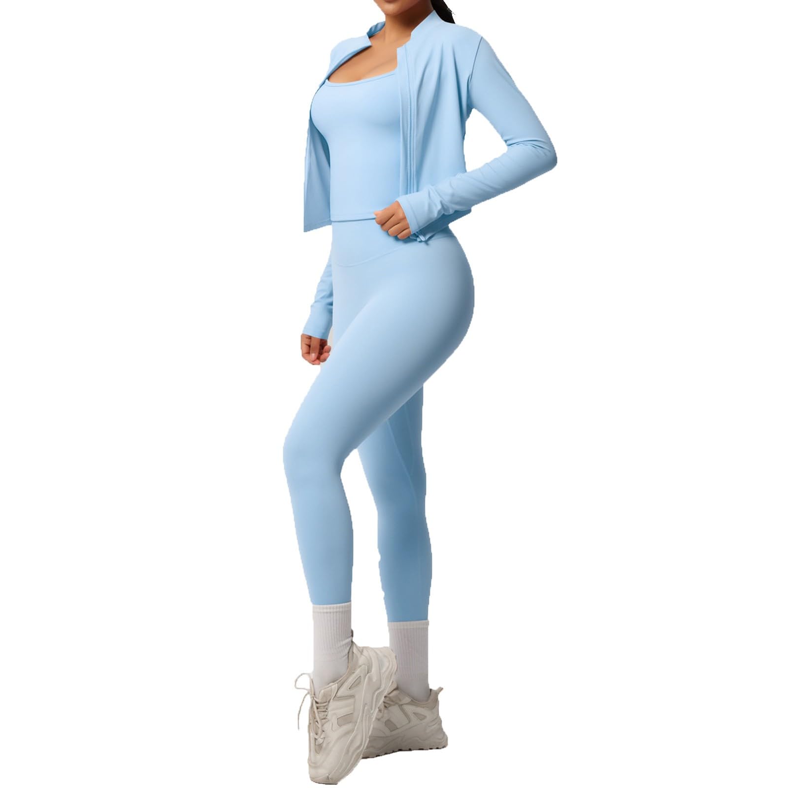 Generisch Set da allenamento da donna, 3 pezzi, a compressione, con giacca sportiva slim fit, leggings a vita alta e reggiseno sportivo, tinta unita, abbigliamento sportivo per fitness, yoga, casual
