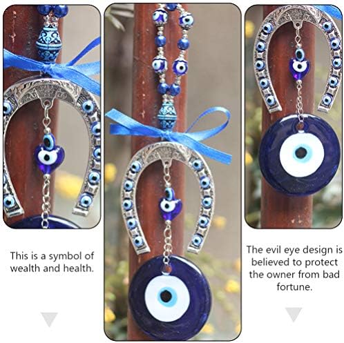 VOSAREA Turkish Blue Evil Eye Wall Hanging Ornament Crystal Ribbon Horseshoe Glass Nazar Beads Amulet Decorative Beads Garland Pendant Wall Art for Home Office Car Protection Alloy