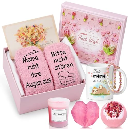 Apparlxer Muttertagsgeschenk Set, Muttertag Geschenkset mit Socken Tasse Karte Box Armband Duftkerze Badebomben Seife, Geburtstagsgeschenk Muttertags Geschenk für Beste Mama der Welt