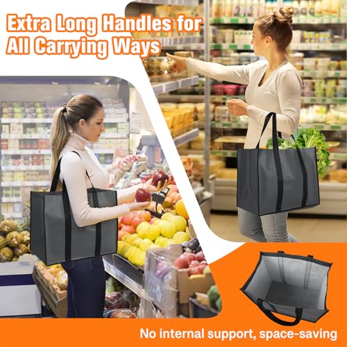 WISELIFE Reusable Grocery Bags with Handles - 3 Pack, 35L Large Shopping Bags for Groceries, Water-Resistant & Foldable Grocery Totes for Lasting Use for Kitchen, Market, Car Trunk, Picnic (Gray) - Thumbnail 3