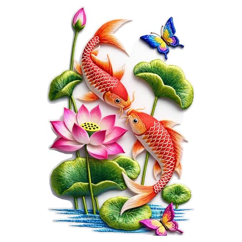 Image of Rangoli Koi Fish Wall Sticker 16 x 24 Inch Lotus Flower & Butterfly Design Self Adhesive Wall Decor for Living Room Bedroom Bathroom Nature Water Theme Wall Art