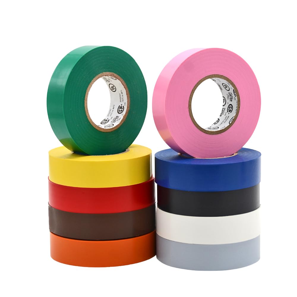 MAT Professionelles Isolierband, Regenbogenfarben, 1,9 cm x 20,1 m, wasserdicht, schwer entflammbar und starker Klebstoff auf Gummibasis, für den Einsatz bei nicht mehr als 600 V und 176 F, 10 Stück