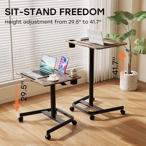 Image of JOY worker Mobile Standing Desk, Height Adjustable Table, 60 Tiltable Rolling Laptop Desk, Portable Sit Stand Desk with Wheels Cup Holder for Bed Couch Hospital, Holds Up to 22lbs, Rustic