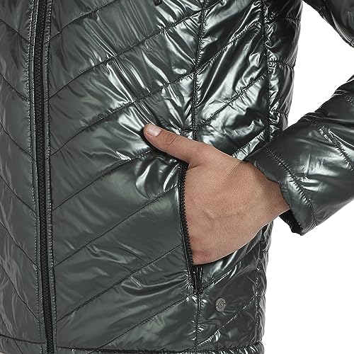 Image of Campus Sutra Men's Forest Green Zip-Front Quilted Puffer Jacket For Casual Wear | Hooded Neck | Long Sleeve | Zipper Closure | Polyester Jacket Crafted With Comfort Fit For Regular Wear