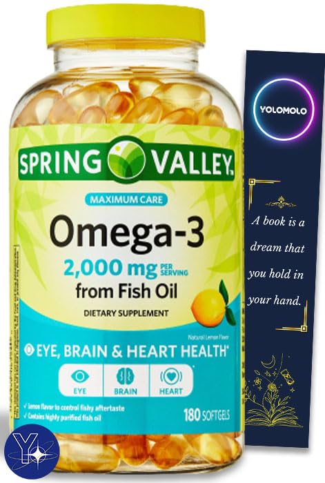 Omega-3 Fish Oil Brain & Heart Health Spring Valley Dietary Supplement Softgels, 2000 mg, 180 Count and Bookmark Gift of YOLOMOLO