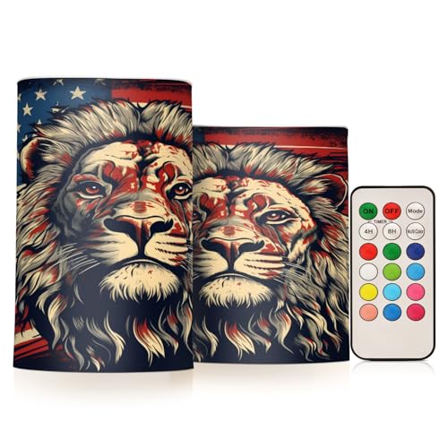 ALAZA Lion American Flag Flickering Flameless Candles Battery Operated with Remote Timer,Tea Light Candles LED Pillar Votive Candles Set of 2 for Outdoor Indoor Decorations