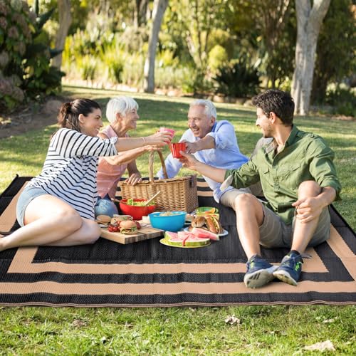 Image of Outdoor Rug Carpet Waterproof Reversible Mats 9x12 ft Patio Rug RV Camping Rug, Plastic Straw Rug Area Rug for Balcony Picnic Beach(Black and Brown)