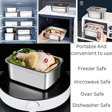 Image of KEMETHY SUS 316 Stainless Steel Fridge Storage Containers Leak Proof-Airtight Lids,Kitchen Food Leftover Storage Microwave Safe Reusable Metal Boxes,Dishwasher Safe for Snacks,Fruits (4-PC 1000 Ml)