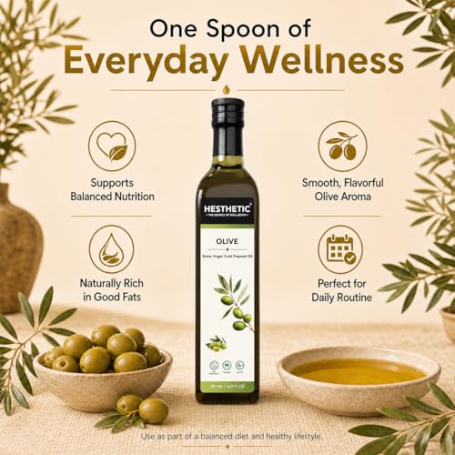 Image of HESTHETIC Premium Extra Virgin Olive Oil 500ml | Cold-Pressed Mediterranean-Sourced EVOO | Unrefined, Low-Acidity | Glass Bottle | Cooking, Salad & Finishing Oil