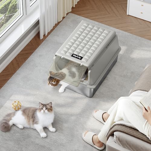 Fobyfurny Katzenklo Edelstahl, XXL Katzentoilette, 60x40x38,5cm, Cremegrau – Ansicht 8