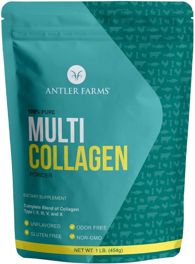 Antler Farms - Polvo de proteína de colágeno múltiple - 5 tipos (I, II, III, V y X) Péptidos de colágeno hidrolizados 100% puros para hombres y