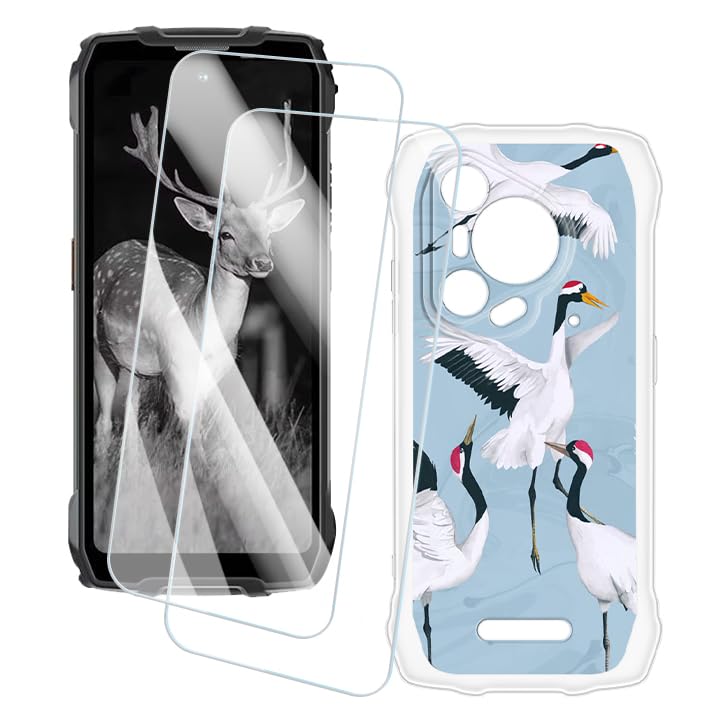 2 Pack Screen Protector + Case Compatible with Blackview BL7000 (6.78 inch) Case Artistic Custom Printed Cover and Tempered Glass Film Anti-Scratch (Crane)