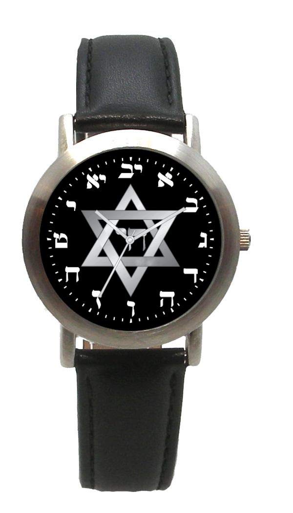 Hebrew TimeHebrew Numbers Brushed Chrome Unisex Size Round Watch Has Star of David and Chai On Black Dial with Black Stitched Leather Strap