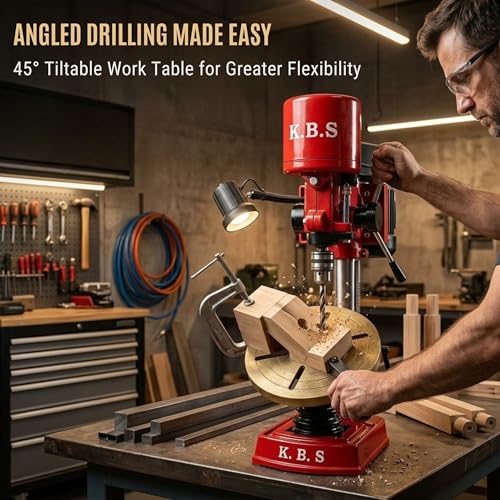 Image of K.B.S 1 Inch Heavy Duty Pillar Drill Machine, 1 HP Motor, 5 Step Speed Control, Tiltable Work Table, Cast Iron Base