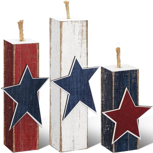 Image of Amyhill 3 Pcs 4th of July Decorations Set Wooden Patriotic Table Centerpieces Independence Day Wood Firework Fourth of July Table Signs for 250th Anniversary Home Farmhouse Decor (Vintage Style)