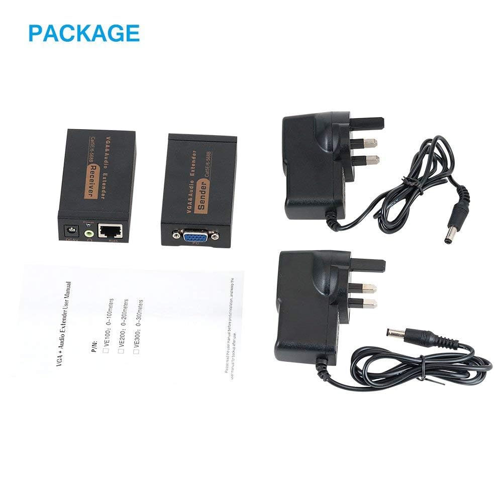 VGA Extender VGA a RJ45 2 pezzi 100m, Amplificatore Splitter Video Ricevitore Trasmettitore Cavo Ethernet con Supporto Audio Mittente Ricevitore DVR HD 3D