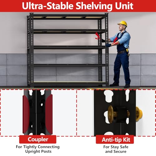 PrimeZone 60\" W X 24\" D X 72\" H Heavy Duty Garage Storage Shelves - Adjustable Metal Shelving Unit, 5 Tier Industrial Shelves for Storage Standing Utility Rack for Warehouse, Pantry, Basement, Black