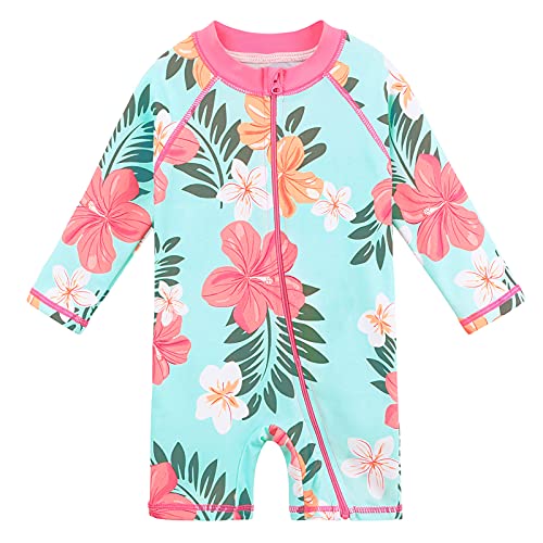 HUAANIUE Bébé Filles d'été Natation Maillot de Bain Une pièce Anti-UV Maillot de Bain bébé Fille Manches Longues à glissière 6 Mois-6 Ans (Fleur Cyan Foncé, 6-12 Mois)
