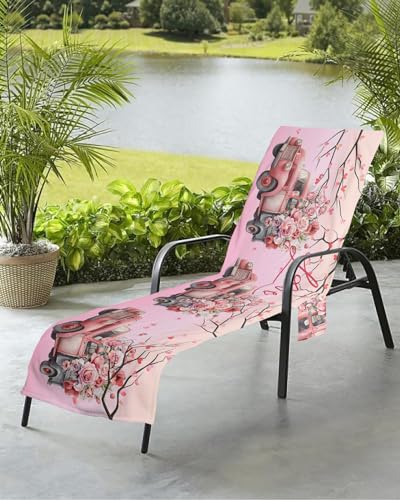 Valentine's Truck Pink Beach Chair Towel Covers for Chaise Lounge with Side Pocket, Soft Plush Pool Towels Cover for Patio Sunbathing Outdoor 29''x85'' Vintage Gradual Romantic Rose Flower
