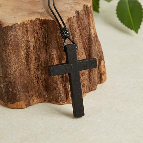Men's Wooden Cross Necklaces Real Handcrafted Wood Cross Pendants With Leather Necklaces Men's Black Cross Necklaces Christian Baptism Crucifix Pendant for Men2
