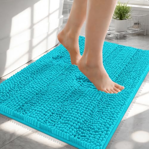 Image of OLANLY Thick Small Bathroom Rugs 24x16, Extra Soft Absorbent Chenille Striped Bath Rugs, Rubber Backing, Machine Wash, Bath Mats for Bathroom Floor, Tub and Shower, Home Decor Accessories, Aqua Sky