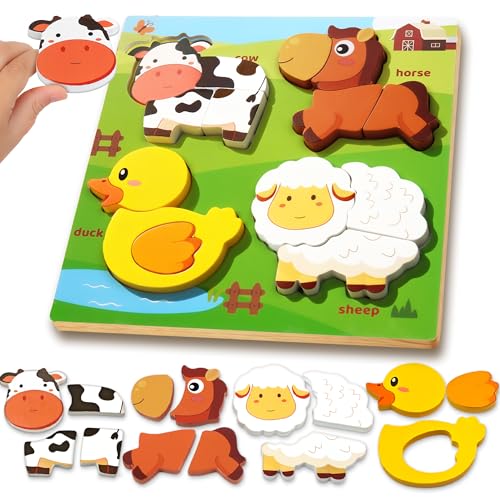 Image of Farm Animal Wooden Puzzle for Toddlers 1-3, Sensory Montessori Toy Classroom Preschool Learning Activities Educational Toy Valentine Gift for Girl 3-5, Boy 2 3 4 5 Year Old Baby Easter Basket Stuffer