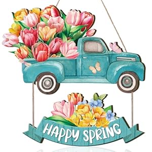 Barydat Spring Door Sign Tulip Gnome Wreath for Front Door Wreath Truck Gnome Welcome Hanger Wooded Hanging Wall Sign for Home SummerTruck