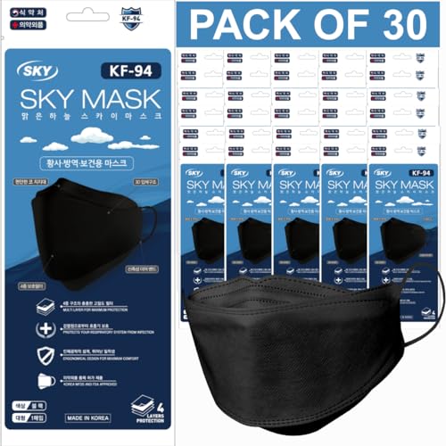 (Pack of 30) SKY Black KF94 Face Mask, Unisex Adult SIZE, Premium Individual Pack 4-Layer, Disposable KF94 Mask, Men, Women, Made in Korea.