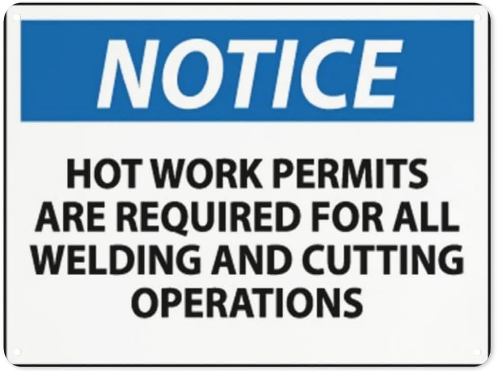 Warning Sign: Notice Hot Work Permits Required, Aluminum security Tin Road Sign, ideal for welding areas construction sites, critical permit requirement reminder 12x8 Inch