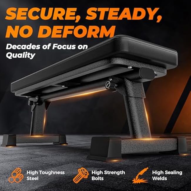 BODY RHYTHM Semi-Commercial Foldable Flat Bench for Multi-Purpose Weight Training and Ab Workout, Flat Weight Workout Exercise Bench with 1000lb Weight Capacity for Strength Training Bench Press, Suitable for Home and Gym.